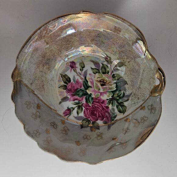 Vintage Lusterware Porcelain Bowl with Hand-Painted Pink Roses & Gold Trim 7.25" - Picture 1 of 2